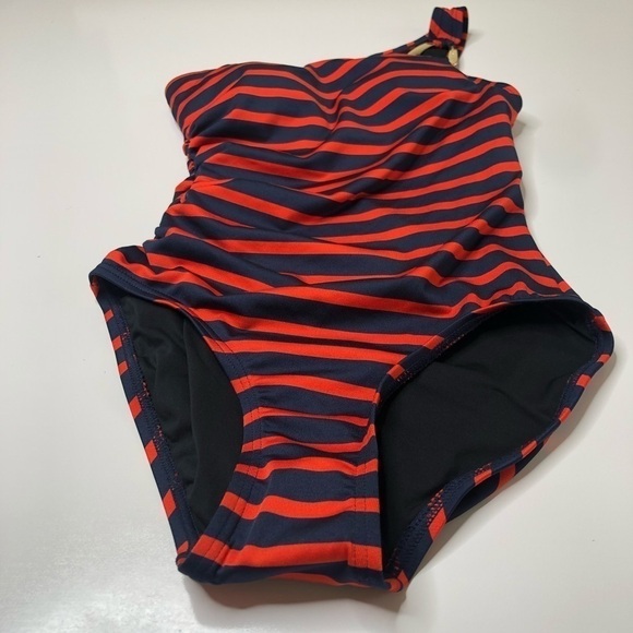NEW Michael Micheal Kors Maillot Red Navy Striped One Shoulder Nautical Swimsuit - Picture 7 of 15
